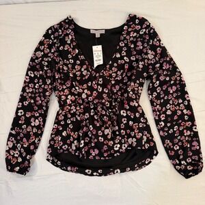 12THOMPSON Womens Floral Animal Print Wrap Blouse Pink Black Long Sleeve Small